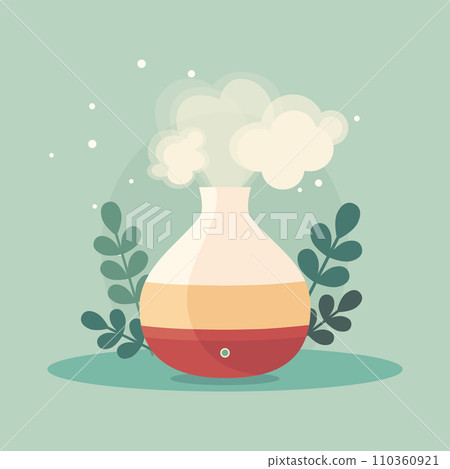 Electric essential oil diffuser with plants, aroma air humidifier for home incense, flat design, aromatherapy concept 110360921