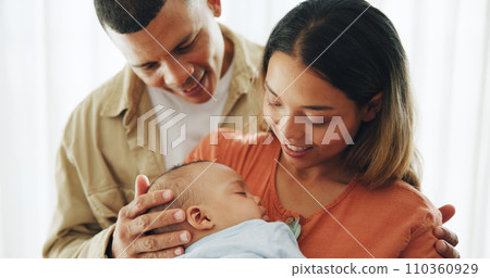 Family, love and parents with baby happy for bonding, healthy relationship and childcare in home. Smile, childhood and mother, father and newborn infant embrace, care and relax together for happiness 110360929