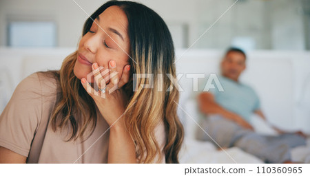 Frustrated couple, fight and ignore for divorce in bed, disagreement or argument from conflict at home. Woman or man in cheating affair, toxic relationship or stress for breakup or dispute in bedroom 110360965