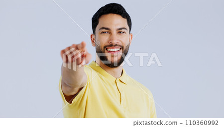 Man, portrait and pointing to you in studio for choice, decision and vote for winner, volunteer or recruitment on white background. Happy indian model show finger for support, emoji and invitation Man, portrait and pointing to you in studio for choice, decision and vote for winner, volunteer or recruitment on white background. Happy indian model show finger for support, emoji and invitation 110360992