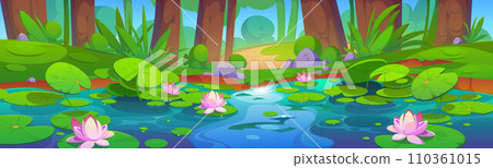 Forest landscape with water lilies on lake surface 110361015