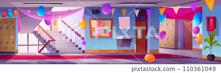 School hallway decorated with flags and balloons School hallway decorated with flags and balloons 110361049