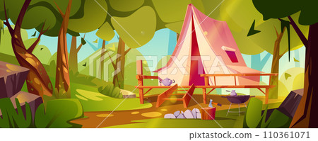 Camping tent on wooden patio in forest. 110361071