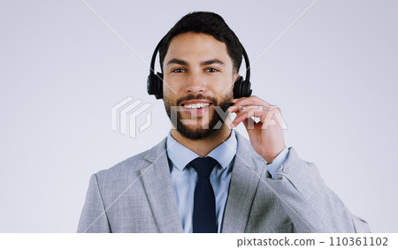 Business man, call center and headphones for communication, customer support and e commerce service in studio. Portrait of Mexican consultant or agent for contact us isolated on a white background Business man, call center and headphones for communication, customer support and e commerce service in studio. Portrait of Mexican consultant or agent for contact us isolated on a white background 110361102