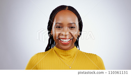 Black woman, happy and portrait from confidence and modern fashion in a studio. Relax, face and smile with makeup and care with an African female person from Kenya with cosmetics and skin glow Black woman, happy and portrait from confidence and modern fashion in a studio. Relax, face and smile with makeup and care with an African female person from Kenya with cosmetics and skin glow 110361131