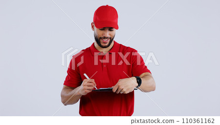 Happy man, delivery and writing on clipboard for signature, order or form against a studio background. Male person or guy in courier service smile for filling paperwork, legal document or agreement Happy man, delivery and writing on clipboard for signature, order or form against a studio background. Male person or guy in courier service smile for filling paperwork, legal document or agreement 110361162