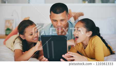 Happy, tablet and children networking with father in living room and relaxing together at home. Digital technology, bonding and girl kids watching video with young dad in the lounge of modern house. 110361333