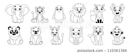 Set of cute wild animal icons including lion, fox, deer, elephant, tiger, penguin, owl, wolf, monkey, panda, bear and donkey. Vector black and white linear style illustration of forest animals. 110361366