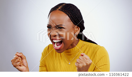 Angry, black woman and frustrated face with scream, shout and yelling in studio white background. Crisis, stress and person voice anger, rage or crazy emoji with problem, mistake or annoyed with fail 110361422