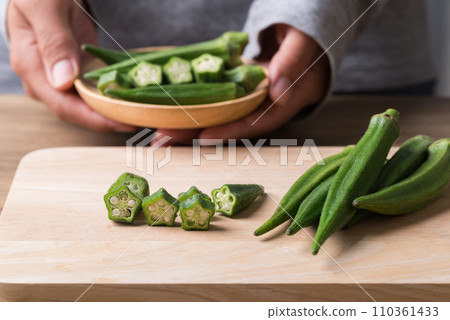 Green okra prepare for cooking, Organic vegetables Green okra prepare for cooking, Organic vegetables 110361433