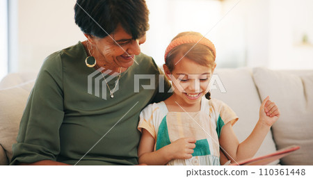 Child, grandmother and reading book smile for storytelling fantasy, education learning or knowledge. Young kid, old woman or fairytale literature on couch as bonding or listening, development on sofa 110361448