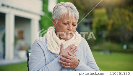 Heart attack, pain and senior woman in a garden with hands on chest, anxiety or breathing problem. Cardiac arrest, stress and old lady outdoor retirement home with asthma, heartburn or lung disease Heart attack, pain and senior woman in a garden with hands on chest, anxiety or breathing problem. Cardiac arrest, stress and old lady outdoor retirement home with asthma, heartburn or lung disease 110361520