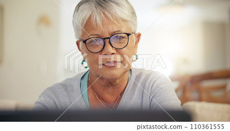 Laptop, home and senior woman online for internet banking, life insurance and mortgage payment. Reading screen, retirement and elderly person on computer for networking, communication and website 110361555