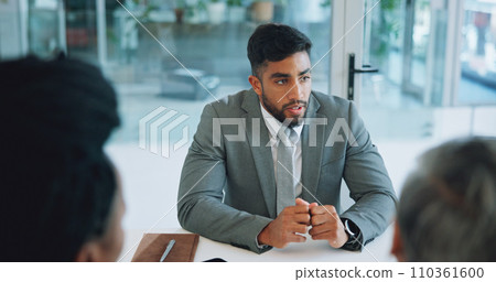 Corporate meeting, professional people and man consulting, sales pitch and negotiation with business investment clients. Collaboration, teamwork and group listening to ideas, strategy or company plan 110361600