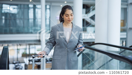 Business, escalator and travel with woman, smartphone and social media with accountant, suitcase and ticket. Person, employee and broker with a cellphone, airport or convention with connection or app Business, escalator and travel with woman, smartphone and social media with accountant, suitcase and ticket. Person, employee and broker with a cellphone, airport or convention with connection or app 110361720