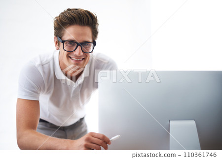 Computer, happy man and portrait of technician with cable, hardware or mockup space. Pc, engineer and wire of nerd, smile and information technology professional, geek or employee in glasses in Spain Computer, happy man and portrait of technician with cable, hardware or mockup space. Pc, engineer and wire of nerd, smile and information technology professional, geek or employee in glasses in Spain 110361746