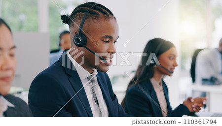 Business people, telemarketing and call center with conversation, black man and customer service. Staff, group or professional with headphones, office and internet with crm, tech support or help desk 110361794