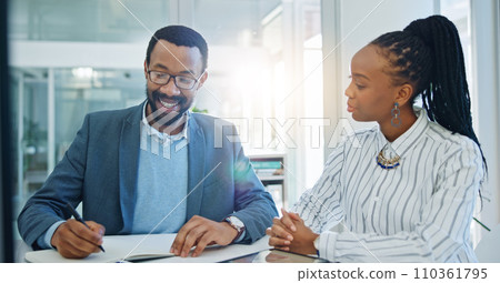 Black people, business and meeting with paperwork in office for planning ideas, project collaboration and consulting for feedback. Man, woman and team in conversation for brainstorming with documents 110361795