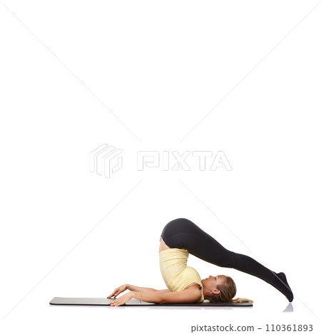 Woman, pilates and mat in studio for stretching, fitness or workout for healthy body, wellness or core muscle. Person, exercise or yoga on floor for abdomen health on mockup space or white background 110361893
