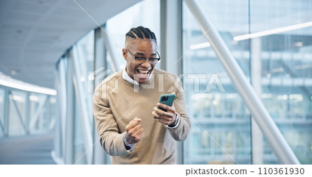 Black man, winner or smartphone for prize, office or excited with face, good news and success. Energy, winning and wow for achievement, competition and cheers for promotion, surprise and victory 110361930
