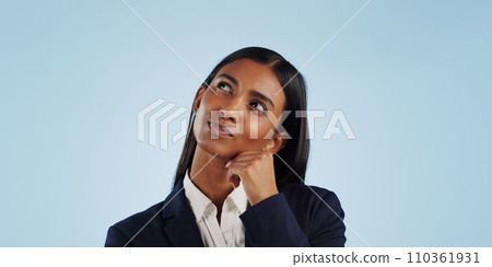 Thinking, studio or businesswoman on blue background for problem solving, vision or solution. Idea, doubt or decision with a female attorney or lawyer contemplating a thought, choice or legal option 110361931