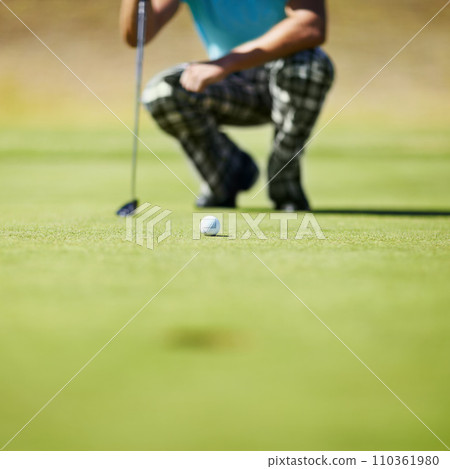 Sports, lawn and closeup of athlete with golf ball for competition, tournament or event. Fitness, grass and zoom of male player or golfer with equipment for game on an outdoor course or pitch. Sports, lawn and closeup of athlete with golf ball for competition, tournament or event. Fitness, grass and zoom of male player or golfer with equipment for game on an outdoor course or pitch. 110361980