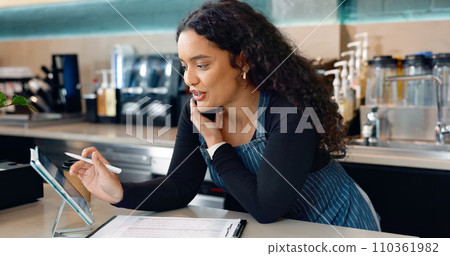Phone call, restaurant or woman on tablet for small business logistics, social media update or sale. Manager, talking or barista reading price on technology app for coffee shop order in cafe startup Phone call, restaurant or woman on tablet for small business logistics, social media update or sale. Manager, talking or barista reading price on technology app for coffee shop order in cafe startup 110361982
