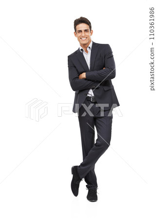 Businessman, suit and happy for portrait, confident and professional on white studio background. Man, young and ready for career, entrepreneur and employer for startup, mockup space and corporate 110361986