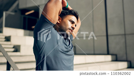 Man, athlete or stretching arms at stairs for exercise, workout or wellness outdoor by building. Urban fitness, person or warm up for power and performance with strength, training and health by steps Man, athlete or stretching arms at stairs for exercise, workout or wellness outdoor by building. Urban fitness, person or warm up for power and performance with strength, training and health by steps 110362002