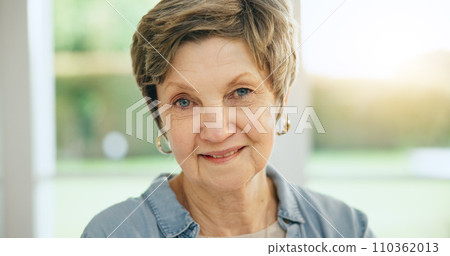 Senior woman, portrait and morning in retirement and home with happiness and health. Elderly, person and smile on face in house to relax with sunshine in apartment, living room or lounge on vacation 110362013