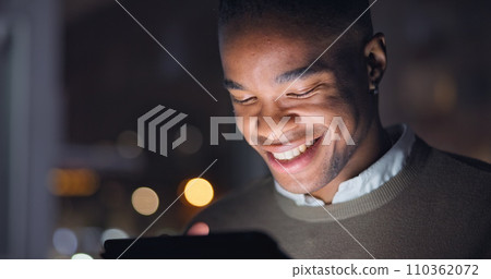 Businessman, night and reading with smile on digital tech, email with career progress in company. Black man, happy and touchscreen for online project growth, bokeh and feedback on startup expansion 110362072