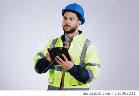 Engineering, man and tablet for inspection, thinking of renovation or project management on a white background. Construction worker for architecture survey, planning and digital technology in studio Engineering, man and tablet for inspection, thinking of renovation or project management on a white background. Construction worker for architecture survey, planning and digital technology in studio 110362231