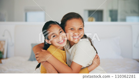 Sisters, portrait and siblings hug in home with love, care and kids with support on sofa in living room. Happy, face and children bonding in embrace together on couch in lounge of apartment or house Sisters, portrait and siblings hug in home with love, care and kids with support on sofa in living room. Happy, face and children bonding in embrace together on couch in lounge of apartment or house 110362281