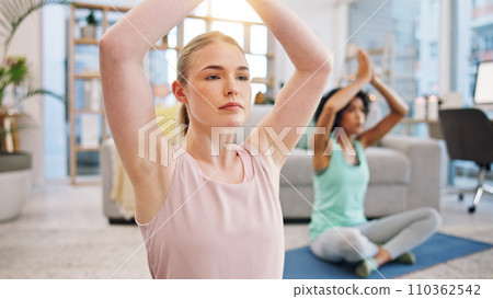 Yoga, breathing exercise and women in home together, fitness and mindfulness training in living room. Balance, meditation and workout friends in holistic exercise, peace and zen health in apartment. 110362542