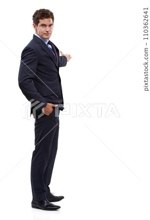 Studio, portrait and business man gesture at promotion news, advertising space or company information. Commercial presentation, corporate announcement and person recommendation on white background 110362641