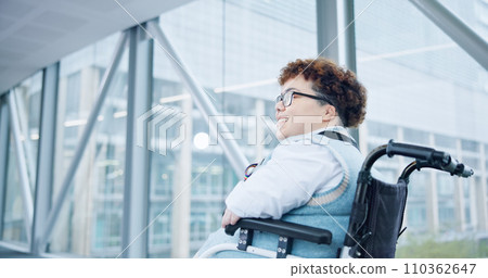 Business, woman in wheelchair at office thinking with smile and commute to work in morning. Opportunity, equality and happy businesswoman with disability in workplace with access, inclusion and pride Business, woman in wheelchair at office thinking with smile and commute to work in morning. Opportunity, equality and happy businesswoman with disability in workplace with access, inclusion and pride 110362647