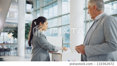 Vote, ballot and woman at a voting booth for transformation, choice or social change. Politics, government and female voter with support, decision or public opinion at a poll station box for election 110362672