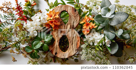 Postcard or banner with the number eight on a background of flowers on a white table, an idea for congratulations on International Women's Day, an idea for website design or product advertising 110362845