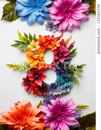 Vertical banner with number eight made of spring flowers, congratulations on International Women's Day, beautiful bright flowers Vertical banner with number eight made of spring flowers, congratulations on International Women's Day, beautiful bright flowers 110362856