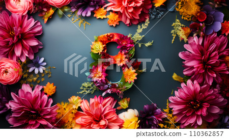 Poster with congratulations on International Women's Day, beautiful bright flowers laid out in the shape of the number eight, congratulations on the spring holidays Poster with congratulations on International Women's Day, beautiful bright flowers laid out in the shape of the number eight, congratulations on the spring holidays 110362857