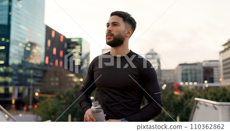 Fitness, face and thinking, man in city on rest from morning workout with water bottle. Relax, breathing and tired athlete with calm urban exercise with fatigue, reflection and drink on street 110362862