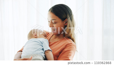 Family, love and mother with baby in home for bonding, healthy relationship and childcare in bedroom. Happy, childhood and mom and newborn infant embrace, care and affection together for happiness Family, love and mother with baby in home for bonding, healthy relationship and childcare in bedroom. Happy, childhood and mom and newborn infant embrace, care and affection together for happiness 110362868