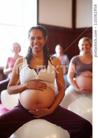 Pregnant, mother and people at pregnancy yoga class, doing pilates for fitness and workout for healthy body. Happy women doing calm and peaceful sports training for wellbeing and health at gym 110362959