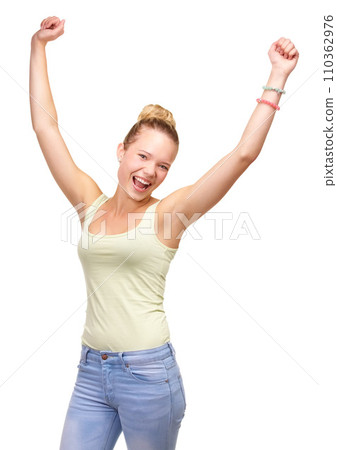 Teenager, portrait and excited hands in studio celebration announcement, winning or achievement. Female person, face and cheers celebrate for discount deal or offer exited, white background as mockup 110362976