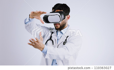 Man, doctor and VR or futuristic glasses with healthcare software, metaverse vision and user experience in studio. Medical worker with 3d exam and hands for virtual reality tech on a white background 110363027