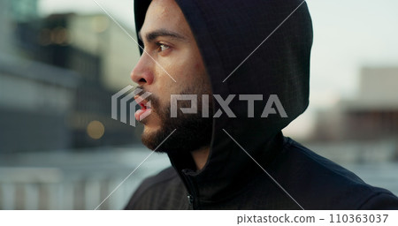 Fitness, face and thinking, man in city on rest from morning workout challenge in hoodie. Relax, breathing and tired athlete on calm urban exercise with fatigue, reflection and outdoor fresh air. Fitness, face and thinking, man in city on rest from morning workout challenge in hoodie. Relax, breathing and tired athlete on calm urban exercise with fatigue, reflection and outdoor fresh air. 110363037