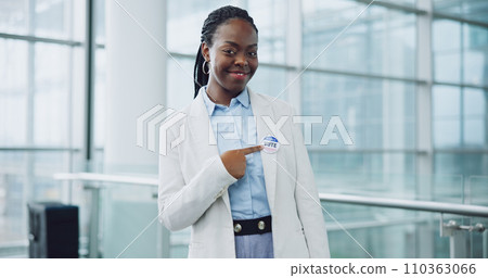 Woman, portrait and badge for vote, smile and confidence or button, proud and choice in politics. Black person, happy and support for elections, democracy and party in registration for human rights Woman, portrait and badge for vote, smile and confidence or button, proud and choice in politics. Black person, happy and support for elections, democracy and party in registration for human rights 110363066