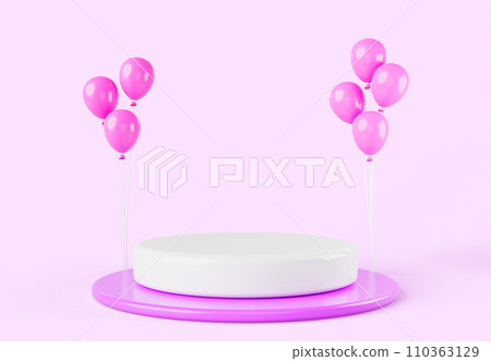 3d render pedestal podium display with balloons on pink background. Round platform for product presentation, birthday party. Prize winner award ceremony. Discount or sale announcement. 3D illustration 110363129