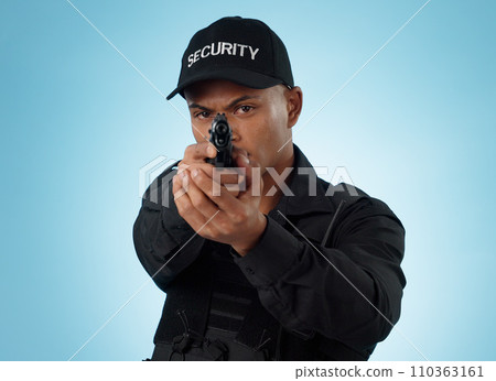 Man, security guard and pointing gun for shooting, protection and hands with face, portrait or confident. Target, safety or weapon for criminal, aim or studio background for pistol, crime or arrest Man, security guard and pointing gun for shooting, protection and hands with face, portrait or confident. Target, safety or weapon for criminal, aim or studio background for pistol, crime or arrest 110363161
