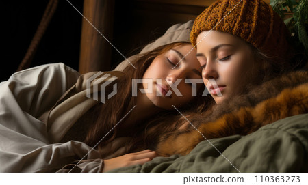 Two young girls asleep, friends sleeping, World Sleep Day concept banner, solution to insomnia and mental health Two young girls asleep, friends sleeping, World Sleep Day concept banner, solution to insomnia and mental health 110363273